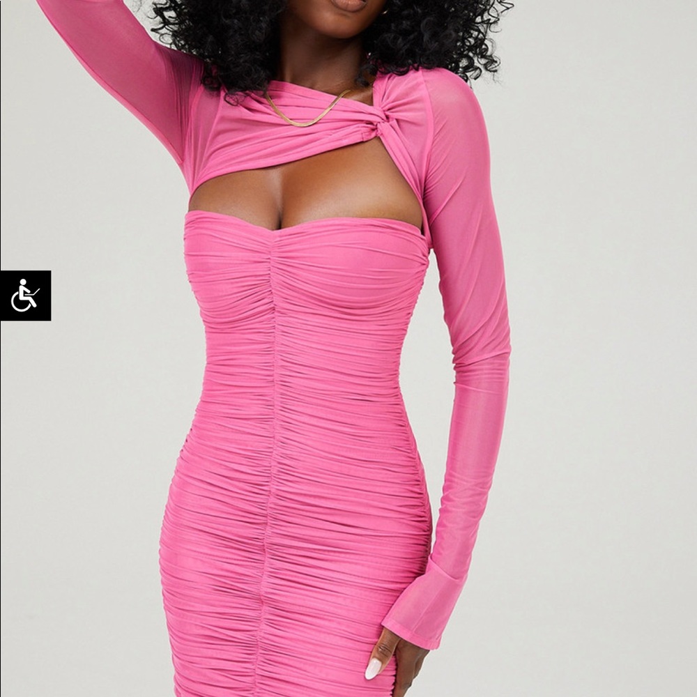 Pink Ruched Mesh Twist Front Mini Dress